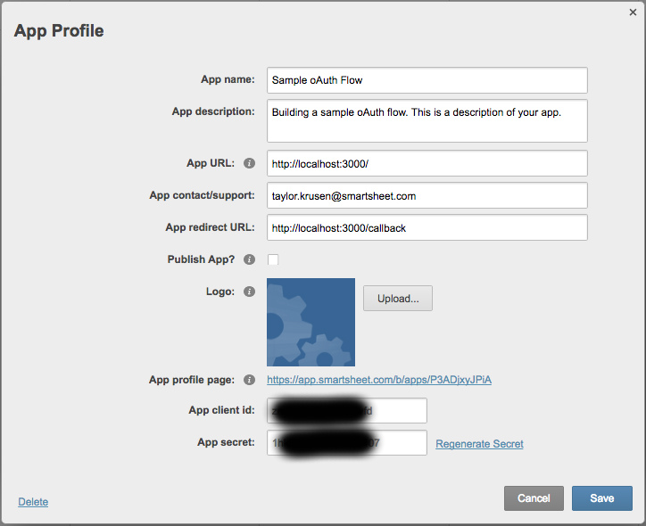 App registration page on Smartsheet